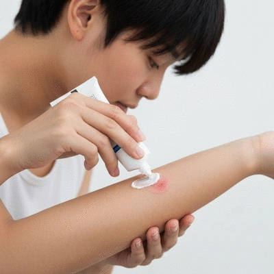 Close-up of a person's hand applying a topical cream to a small red rash on their forearm, suggesting relief or treatment. Soft, clean background.