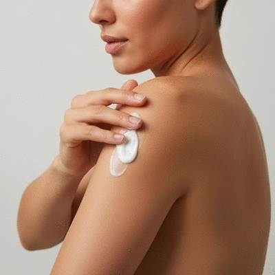 Person applying fragrance-free lotion to their arm, emphasizing gentle skincare, no text, no words, no typography, clean image