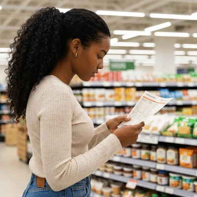 Person thoughtfully reviewing food labels in a grocery store, no text, no words, no typography, 8K, clean image