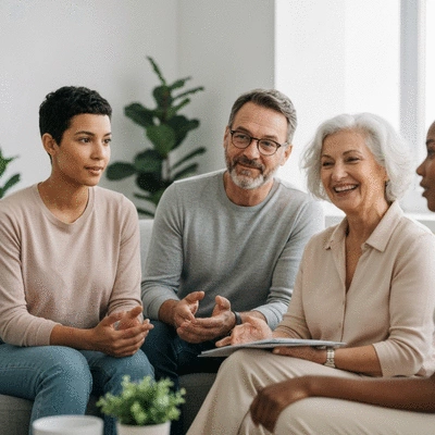 Diverse group of people in a support group setting, actively listening and sharing experiences about managing food allergies