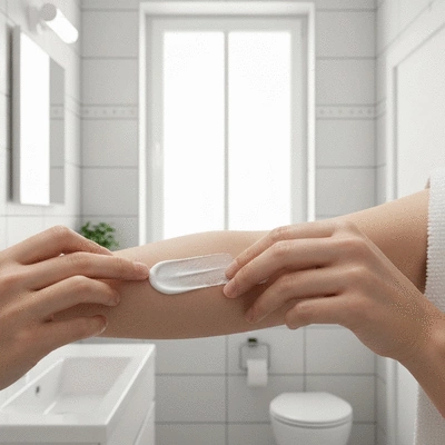 Person applying hypoallergenic cream to sensitive skin in a clean, brightly lit bathroom