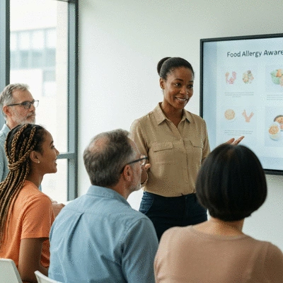 Diverse group of people in a community workshop learning about food allergies